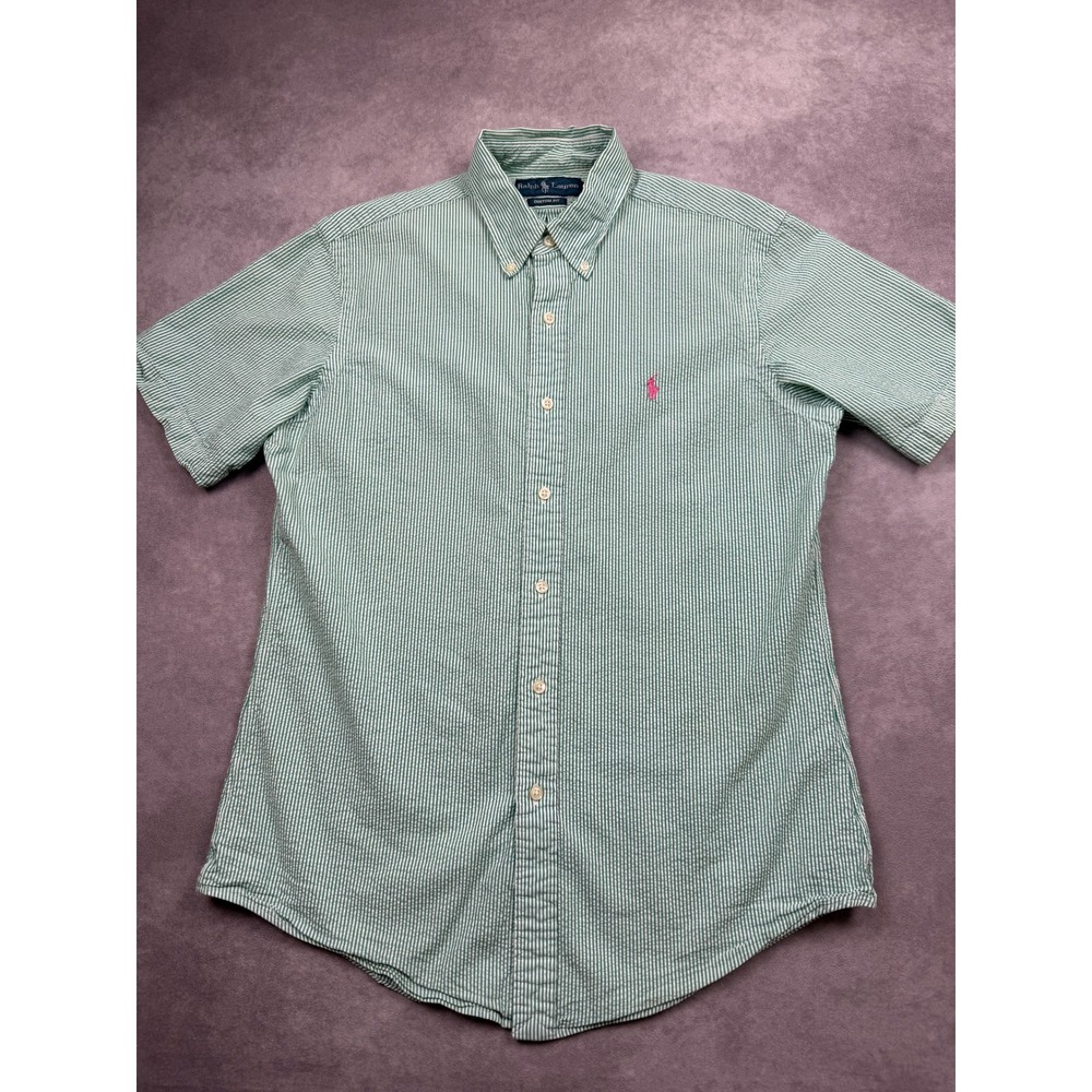 Polo Ralph Lauren Men M Green White Seersucker Stripe Short Sleeve Shirt Preppy
